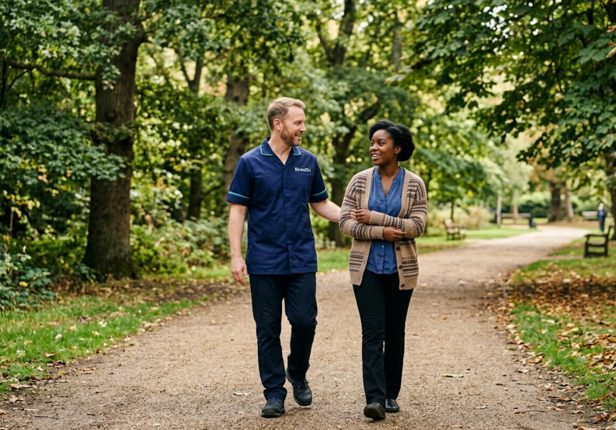 Direct2U mental health support worker on a community walk with a client in North London — recovery-focused mental health care Enfield